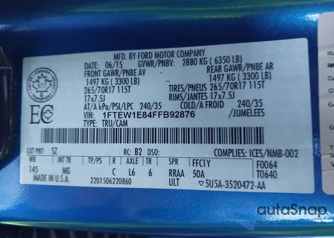 2015 Ford F-150 Xlt из США, поврежденный, VIN 1FTEW1E84FFB92876